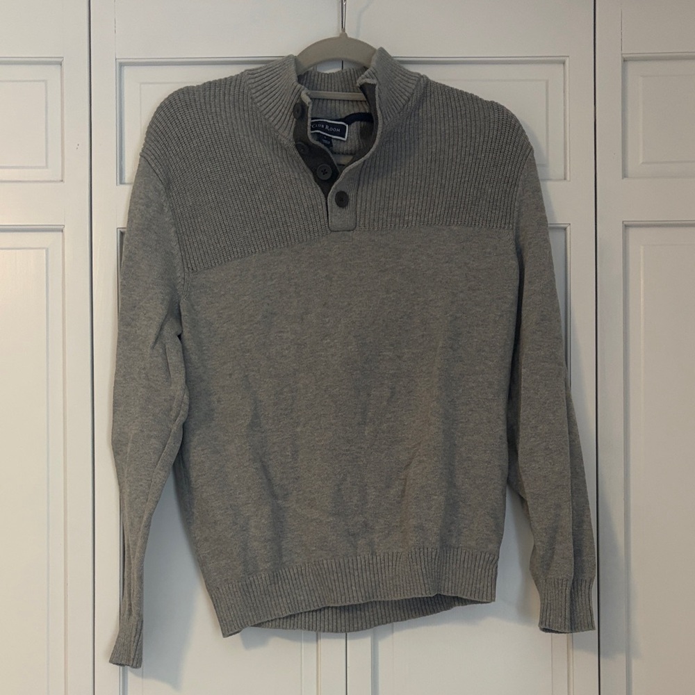 Club Room Light Gray Ribbed Yoke Zip-Button Mock Neck Sweater